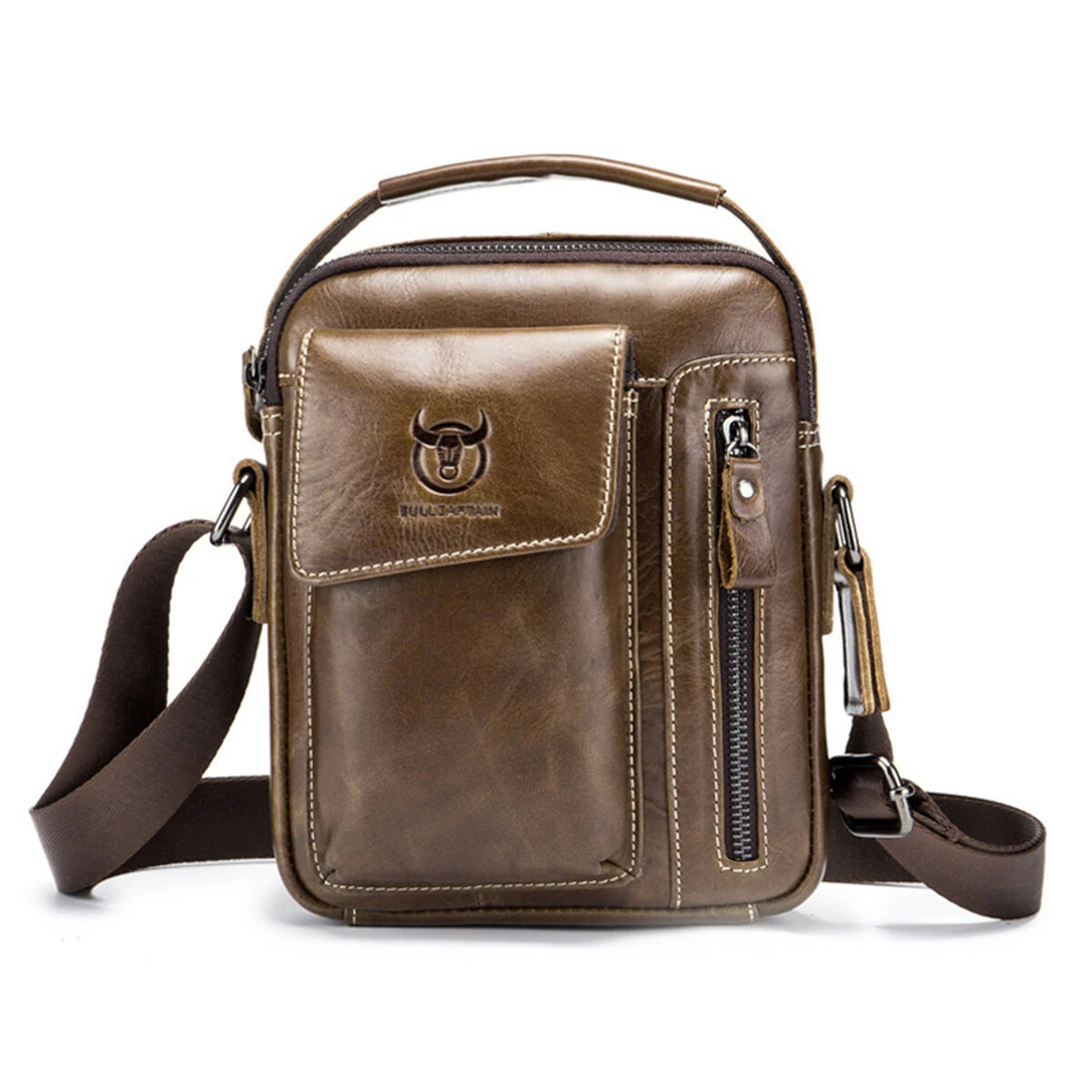 (image for) BULLCAPTAIN Genuine Leather Business Messenger Bag Retro Mini Vintage Shoulder Bag Crossbody Bag for Men Multi-functional Leather Mobile Phone Bags