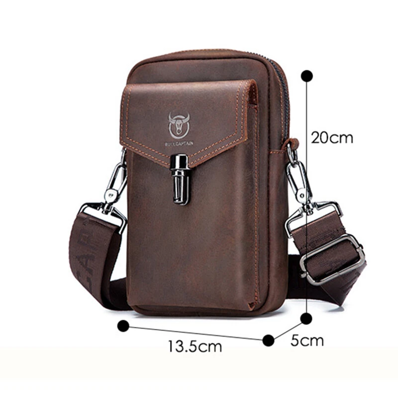 (image for) BULLCAPTAIN Genuine Leather Men's Waist Bags Crossbody Bages Multifunctional 7-inch Mobile Phone Practical Bag for Male Casual Shoulder Messenger Bages